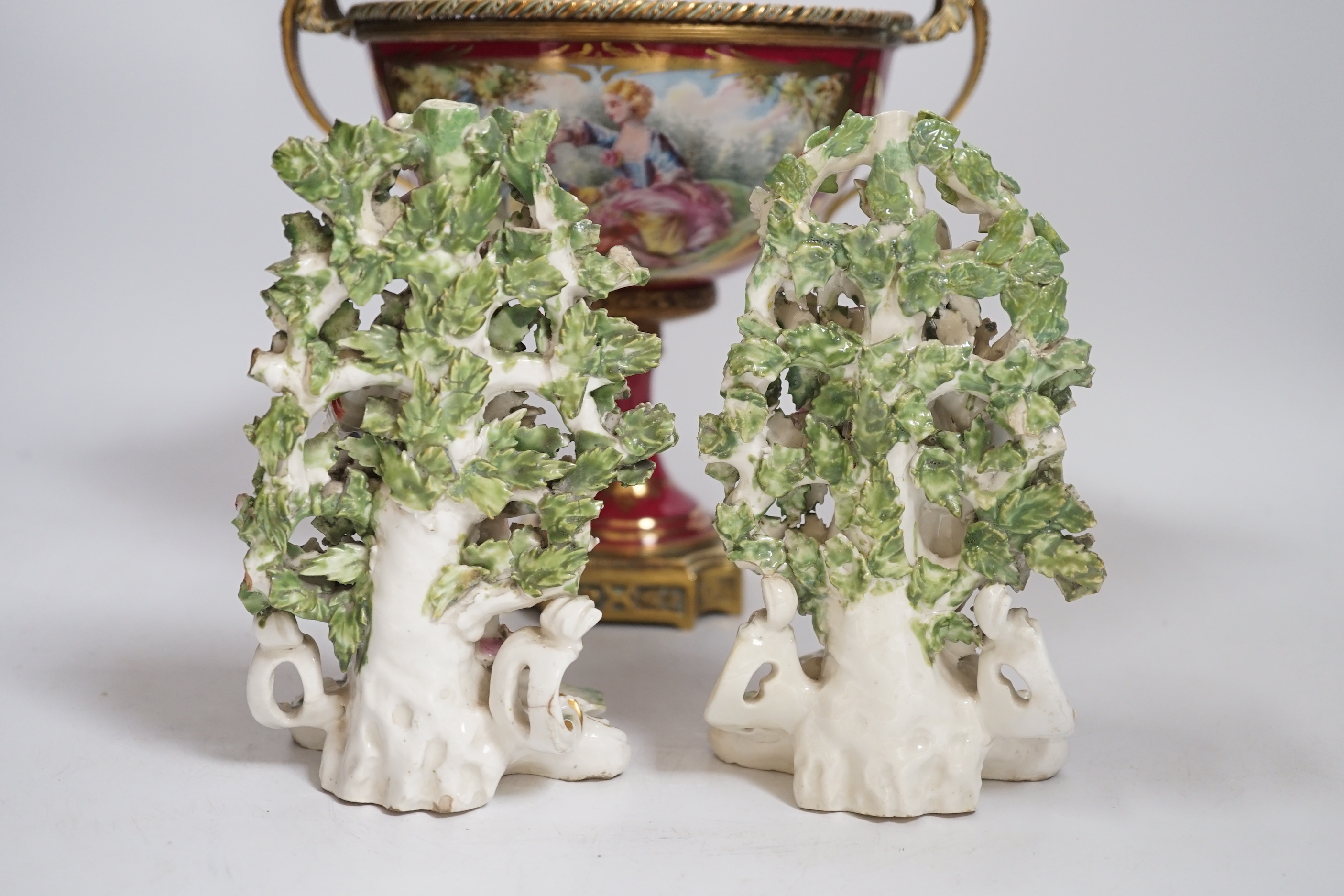 A pair of Derby figures, c.1775, a Paris porcelain gilt metal mounted comport and a glass jar, 21cm high